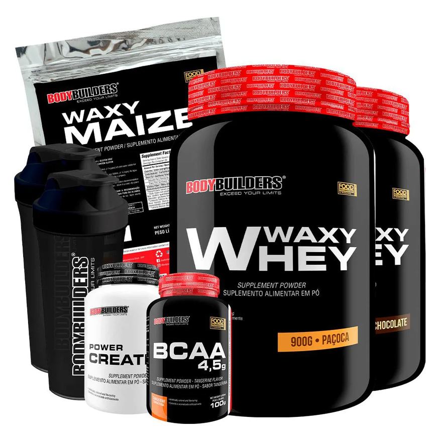 Bodybuilders Kit 2x Waxy Whey 900g + Waxy Maize 800g + Power Creatina 100g + Bcaa 4.5 100g + 2x Coqueteleira - Chocolate e Paçoca