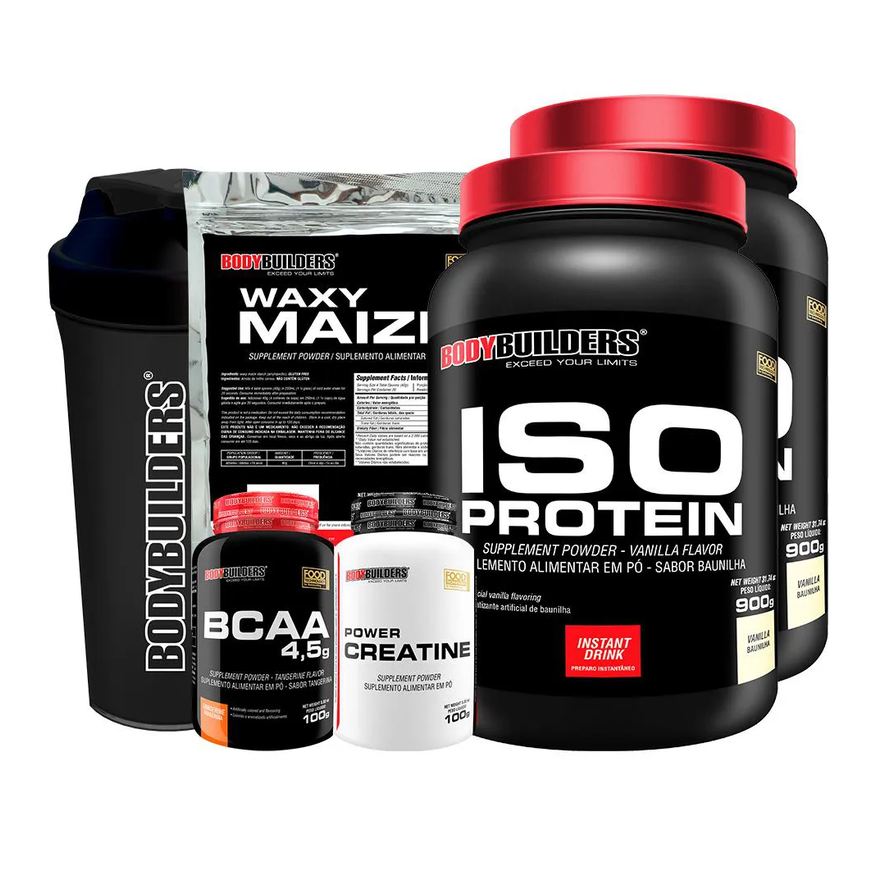 Bodybuilders Kit 2x Iso Protein 900g + Bcaa 100g + Power Creatina 100g + Waxy Maize 800g + Coqueteleira - Sabor Baunilha