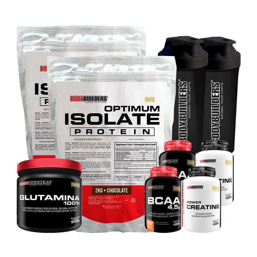 Bodybuilders Kit 2x Optimum Isolate Protein 2kg + 2x Bcaa100g+ 2x Creatina100g + Glutamina 500g + 2x Coqueteleira Sabor Chocolate
