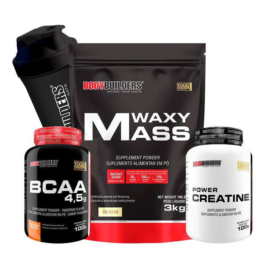Bodybuilders Kit Hipercalórico Waxy Mass 3kg + Bcaa 4,5 100g + Power Creatina 100g + Coqueteleira Sabor Baunilha