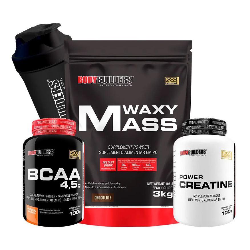 Bodybuilders Kit Hipercalórico Waxy Mass 3kg + Bcaa 4,5 100g + Power Creatina 100g + Coqueteleira Sabor Chocolate