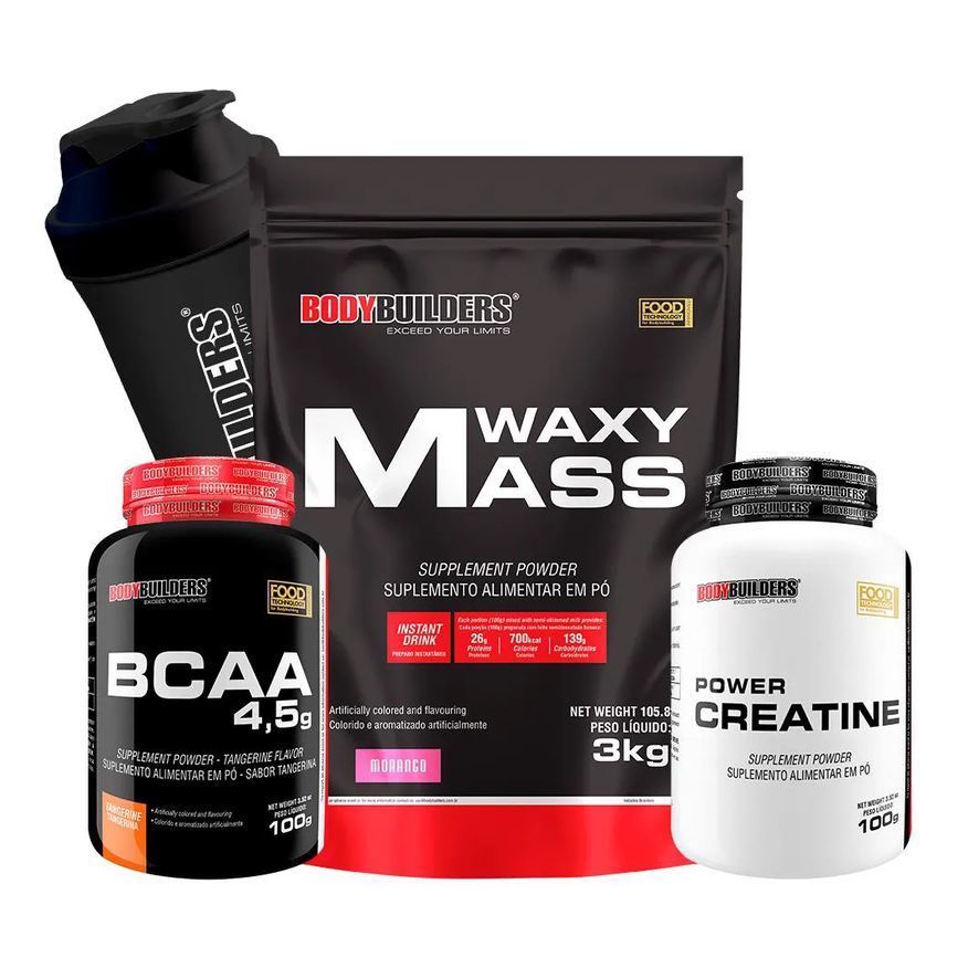 Bodybuilders Kit Hipercalórico Waxy Mass 3kg + Bcaa 4,5 100g + Power Creatina 100g + Coqueteleira Sabor Morango