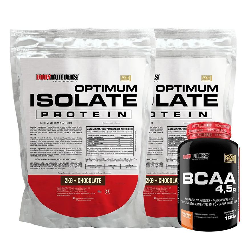 Bodybuilders Kit 2x Optimum Isolate Whey Protein 2kg + Bcaa 100g Sabor Chocolate