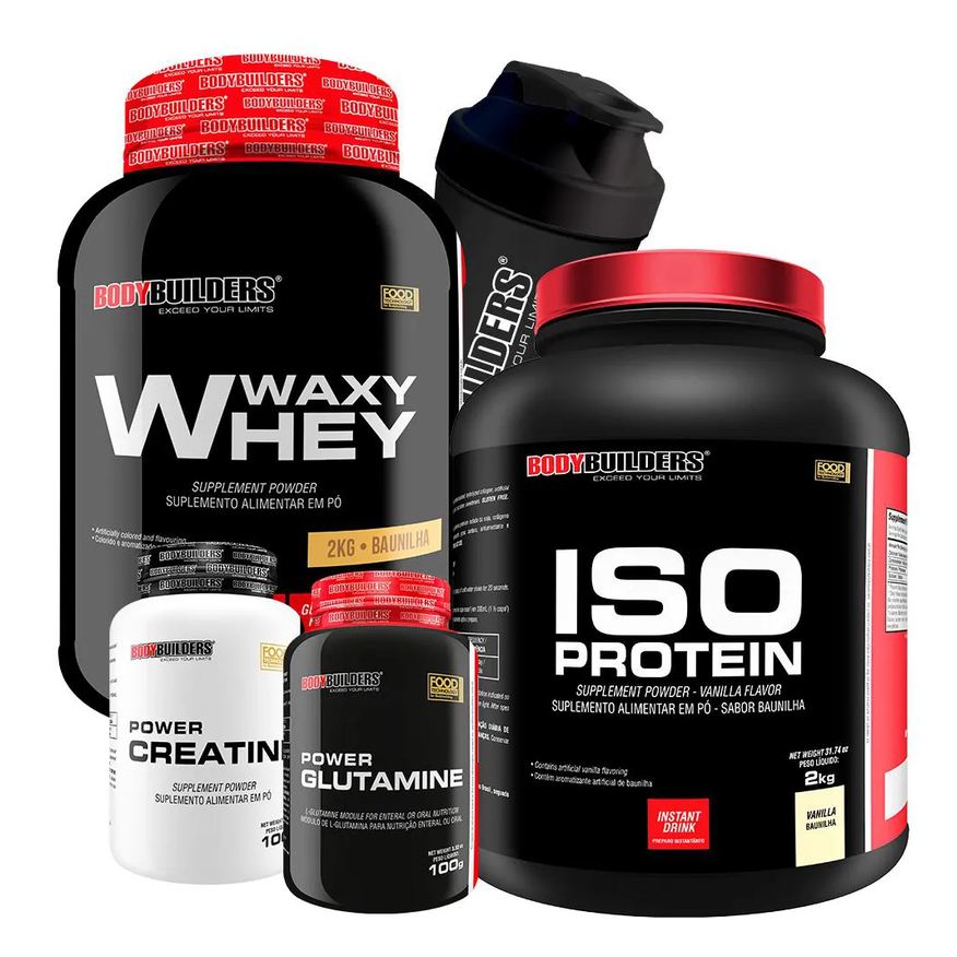 Bodybuilders Kit Waxy Whey 2kg + Iso Protein 2kg+ Power Creatina 100g + Power Glutamina 100g + Coqueteleira Sabor: Baunilha
