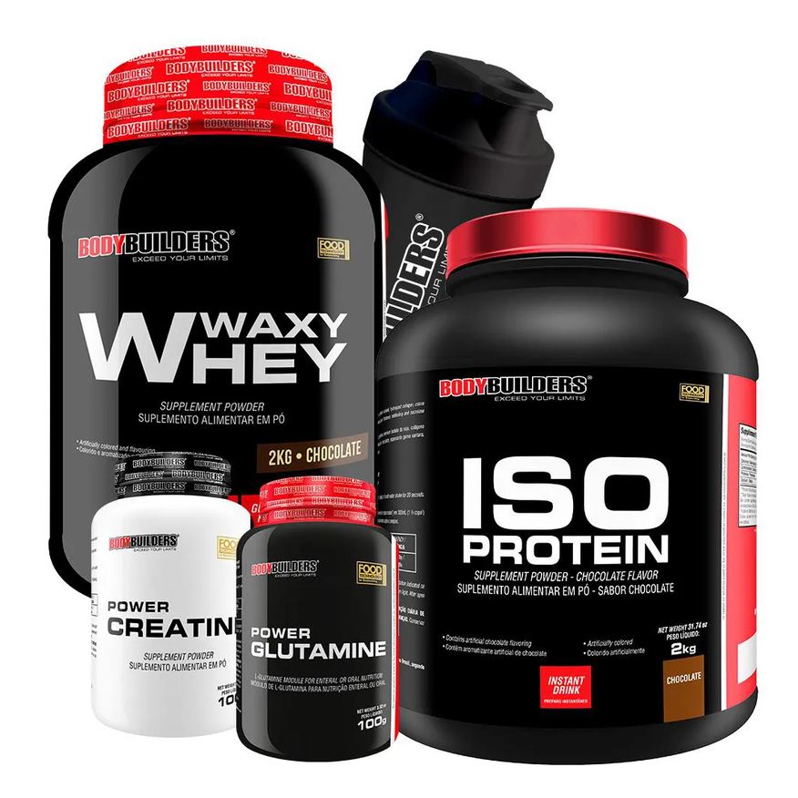 Bodybuilders Kit Waxy Whey 2kg + Iso Protein 2kg+ Power Creatina 100g + Power Glutamina 100g + Coqueteleira Sabor: Chocolate