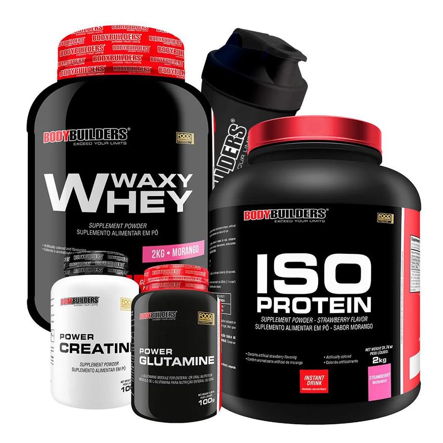 Bodybuilders Kit Waxy Whey 2kg + Iso Protein 2kg+ Power Creatina 100g + Power Glutamina 100g + Coqueteleira Sabor: Morango