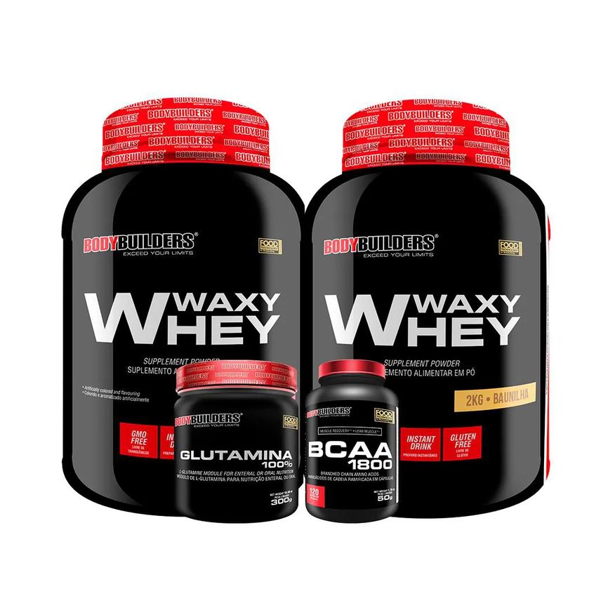 Bodybuilders Kit 2x Whey Protein Waxy Whey 2kg + Glutamina 300g + Bcaa 1800 120 cápsulas - Baunilha