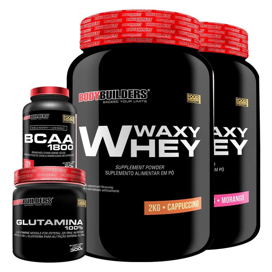 Bodybuilders Kit 2x Whey Protein Waxy Whey 2kg + Glutamina 300g + Bcaa 1800 120 cápsulas - Morango e Cappuccino