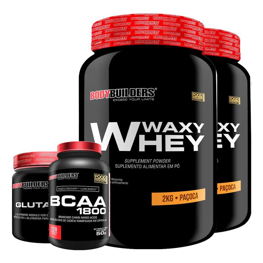Bodybuilders Kit 2x Whey Protein Waxy Whey 2kg + Glutamina 300g + Bcaa 1800 120 cápsulas - Paçoca