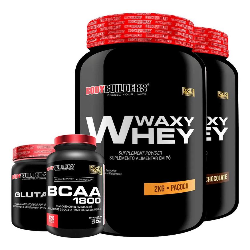 Bodybuilders Kit 2x Whey Protein Waxy Whey 2kg + Glutamina 300g + Bcaa 1800 120 cápsulas - Chocolate e Paçoca