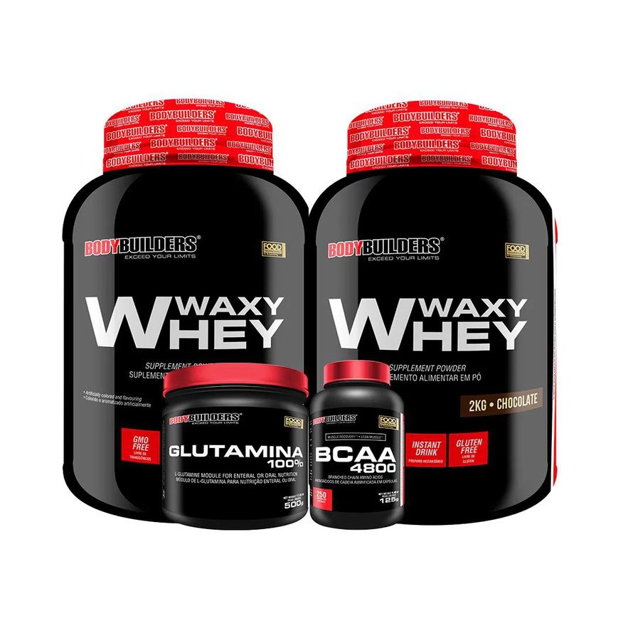 Bodybuilders Kit 2x Whey Protein Waxy Whey 2kg + Glutamina 500g + Bcaa 4800 250 cápsulas - Cappuccino