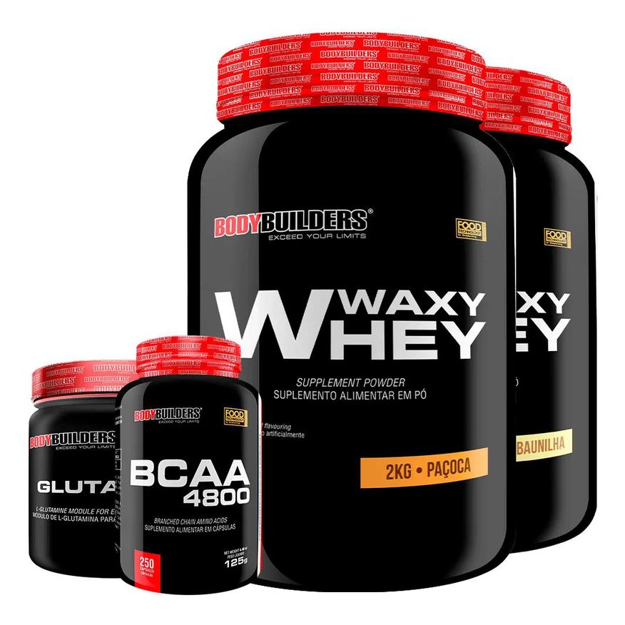 Bodybuilders Kit 2x Whey Protein Waxy Whey 2kg + Glutamina 500g + Bcaa 4800 250 cápsulas - Baunilha e Paçoca