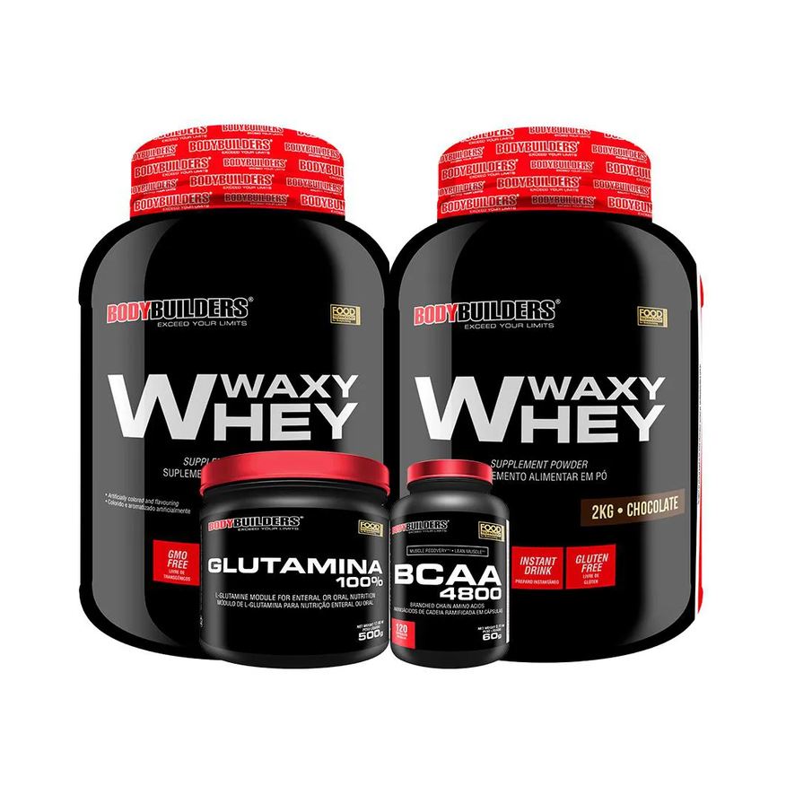 Bodybuilders Kit 2x Whey Protein Waxy Whey 2kg + Glutamina 500g + Bcaa 4800 120 cápsulas - Baunilha