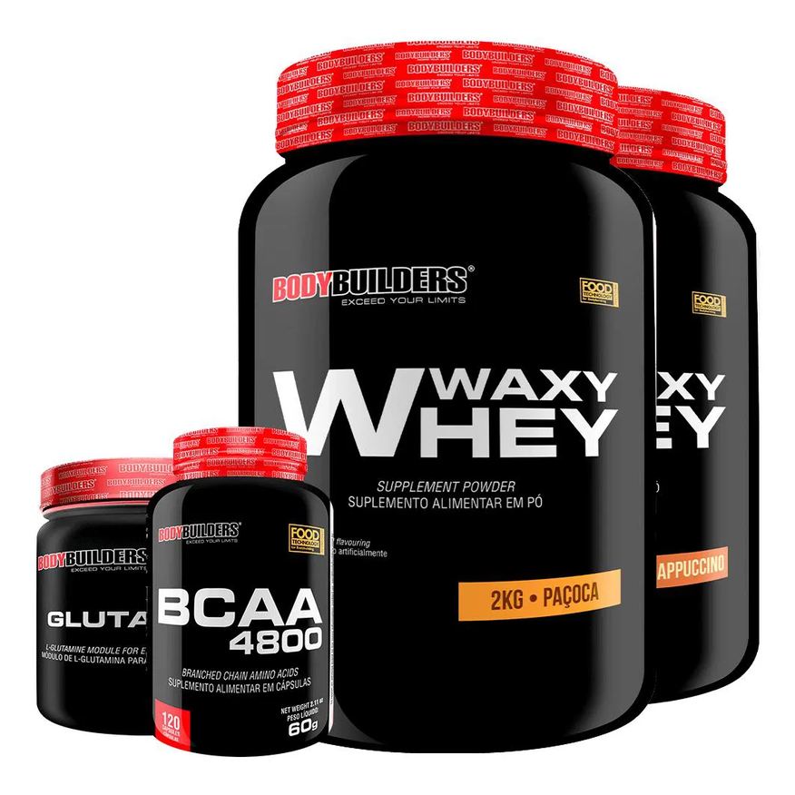 Bodybuilders Kit 2x Whey Protein Waxy Whey 2kg + Glutamina 500g + Bcaa 4800 120 cápsulas - Cappuccino e Paçoca