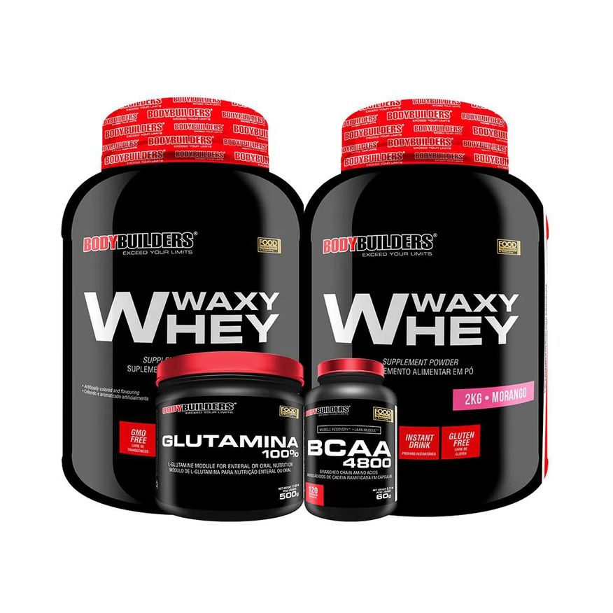 Bodybuilders Kit 2x Whey Protein Waxy Whey 2kg + Glutamina 500g + Bcaa 4800 120 cápsulas - Cappuccino e Chocolate
