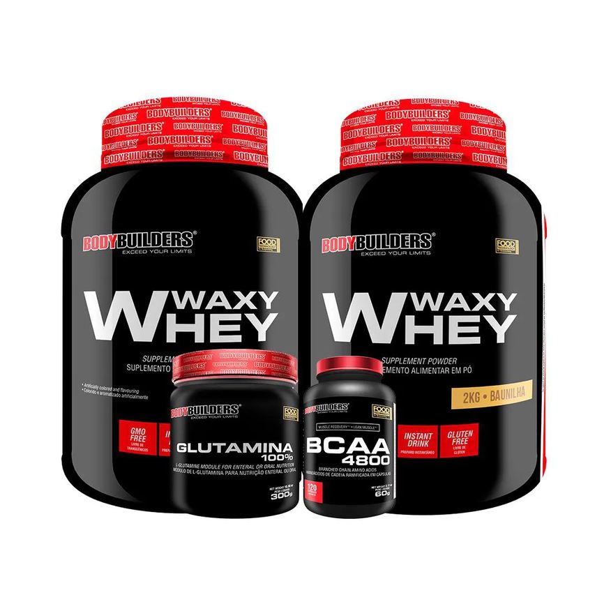 Bodybuilders Kit 2x Whey Protein Waxy Whey 2kg + Glutamina 300g + Bcaa 4800 120 cápsulas - Baunilha
