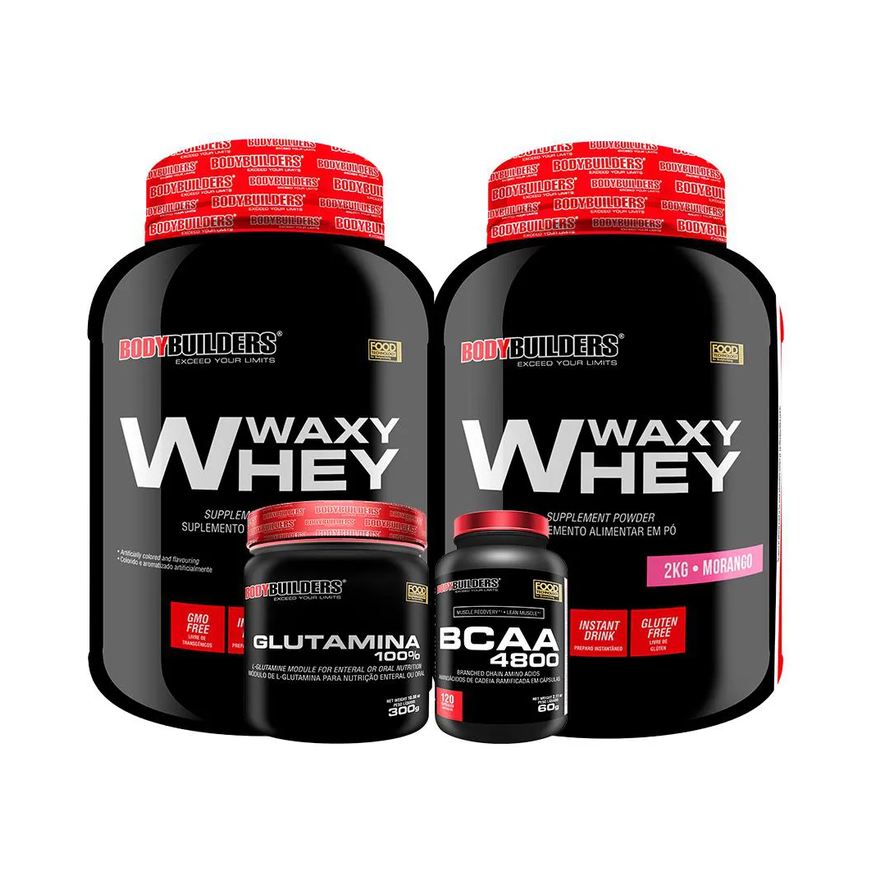 Bodybuilders Kit 2x Whey Protein Waxy Whey 2kg + Glutamina 300g + Bcaa 4800 120 cápsulas - Morango