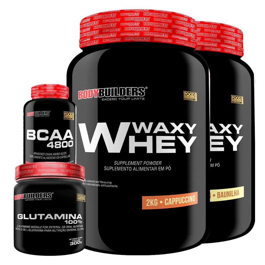 Bodybuilders Kit 2x Whey Protein Waxy Whey 2kg + Glutamina 300g + Bcaa 4800 120 cápsulas - Cappuccino e Baunilha