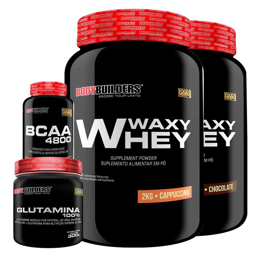 Bodybuilders Kit 2x Whey Protein Waxy Whey 2kg + Glutamina 300g + Bcaa 4800 120 cápsulas - Cappuccino e Chocolate