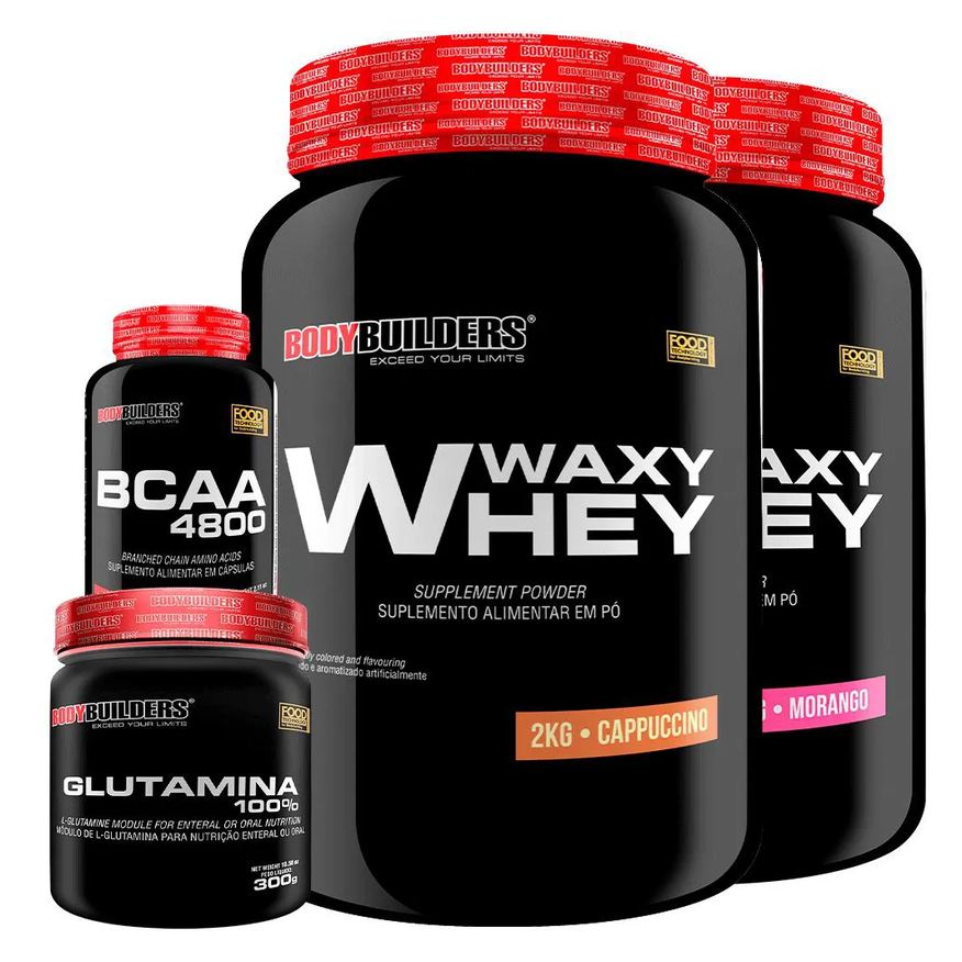 Bodybuilders Kit 2x Whey Protein Waxy Whey 2kg + Glutamina 300g + Bcaa 4800 120 cápsulas - Cappuccino e Morango