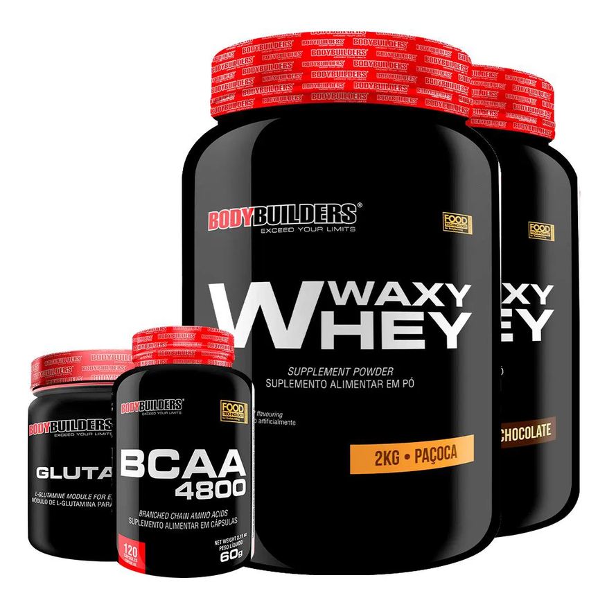 Bodybuilders Kit 2x Whey Protein Waxy Whey 2kg + Glutamina 300g + Bcaa 4800 120 cápsulas - Chocolate e Paçoca