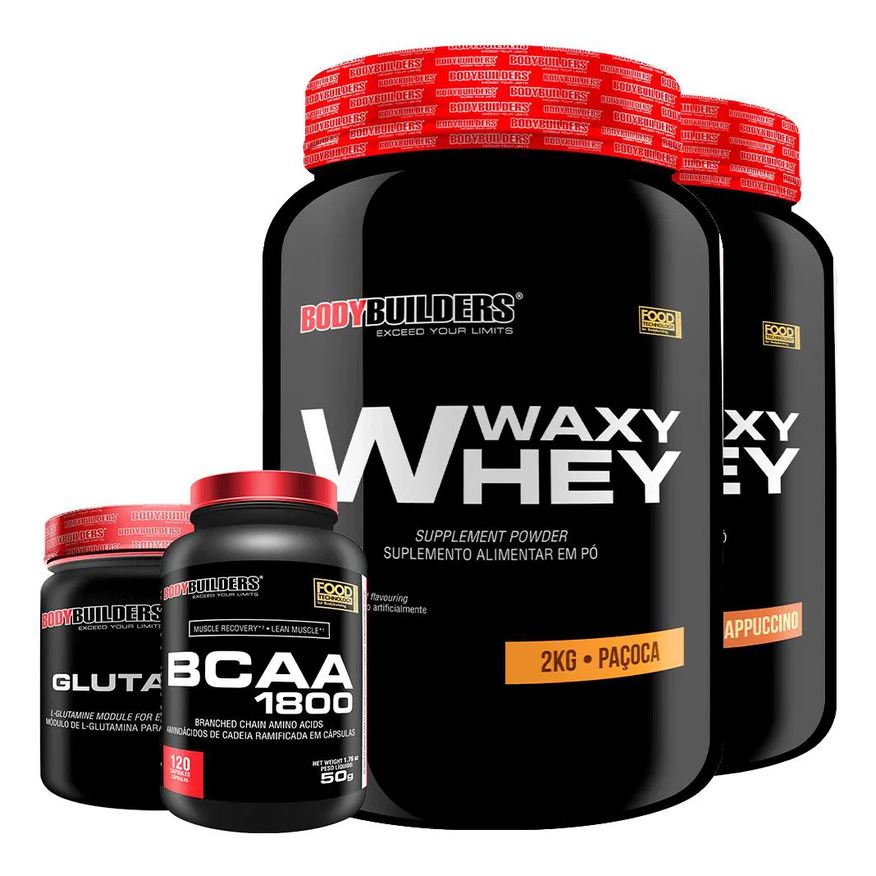 Bodybuilders Kit 2x Whey Protein Waxy Whey 2kg + Glutamina 500g + Bcaa 1800 120 cápsulas - Cappuccino e Paçoca