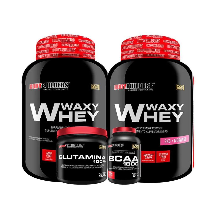 Bodybuilders Kit 2x Whey Protein Waxy Whey 2kg + Glutamina 500g + Bcaa 1800 120 cápsulas - Morango