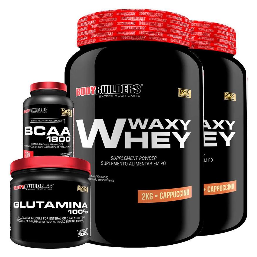 Bodybuilders Kit 2x Whey Protein Waxy Whey 2kg + Glutamina 500g + Bcaa 1800 120 cápsulas - Cappucino