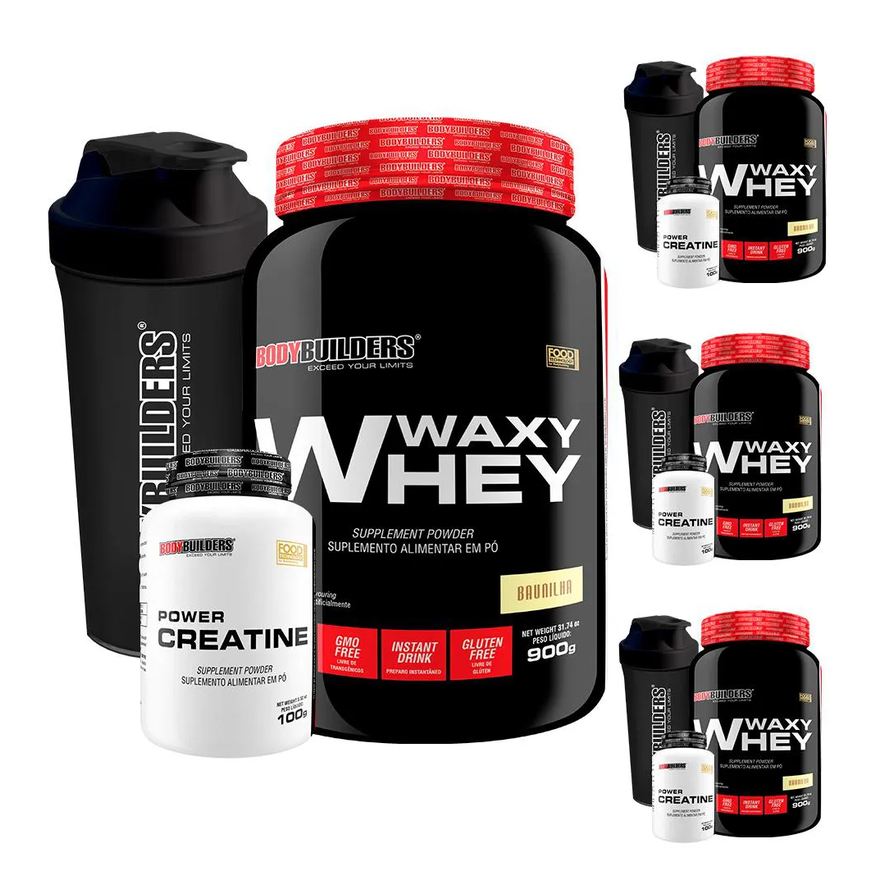 Bodybuilders Kit 4x Whey Protein Waxy Whey 900g + 4x Power Creatina 100g + 4x Coqueteleira - Baunilha
