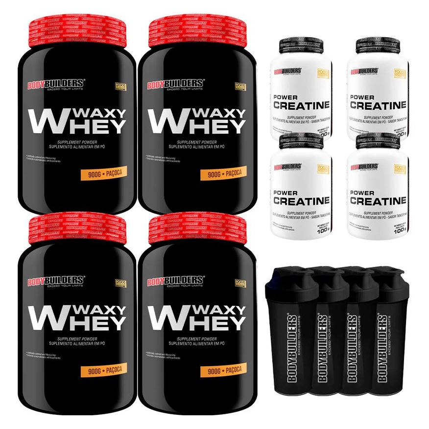 Bodybuilders Kit 4x Whey Protein Waxy Whey 900g + 4x Power Creatina 100g + 4x Coqueteleira - Paçoca