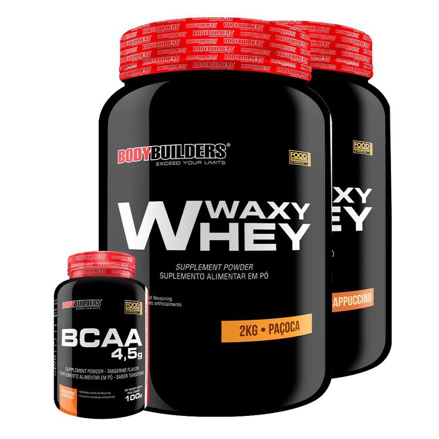 Bodybuilders Kit 2x Waxy Whey 2kg + Bcaa 1kg Tangerina - Cappuccino e Paçoca