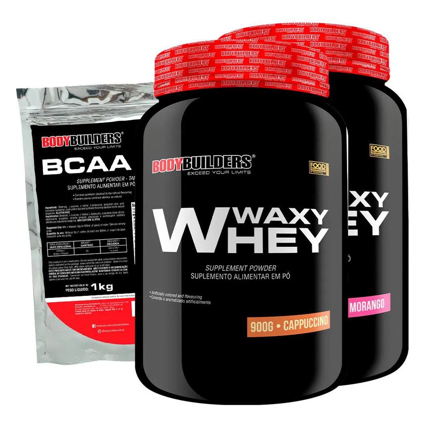Bodybuilders Kit 2x Waxy Whey 2kg + Bcaa 1kg Tangerina - Morango e Cappuccino