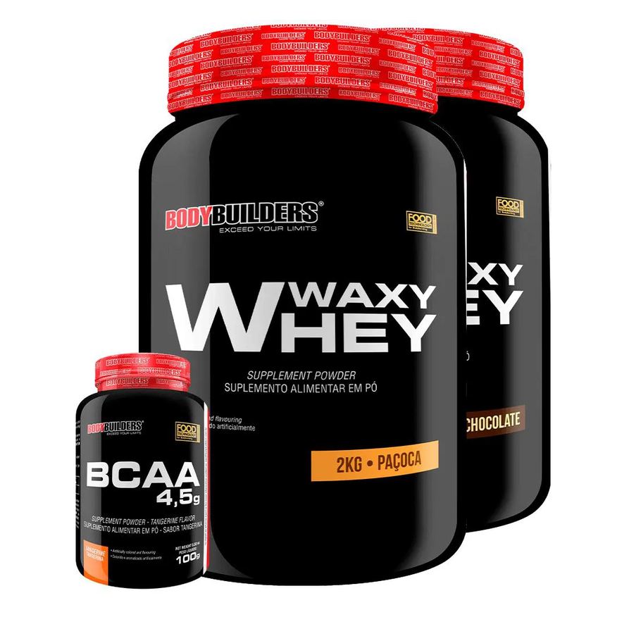 Bodybuilders Kit 2x Waxy Whey 2kg + Bcaa 1kg Tangerina - Chocolate e Paçoca