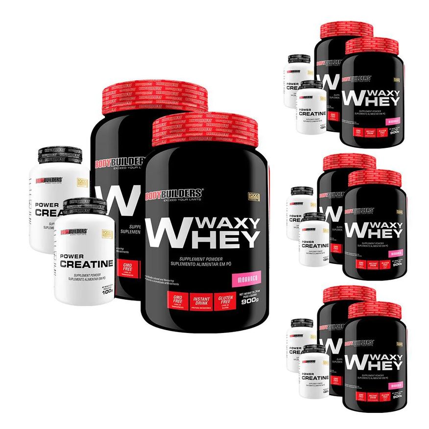 Bodybuilders Super Combo Amigos: 8x Whey Protein 900g + 8x Power Creatina 100g Sabor Morango