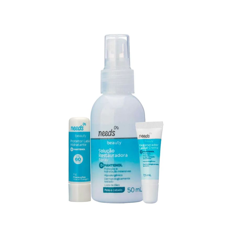 Needs Kit Beauty Spray Restaurador D-Pantenol Pele e Cabelo 50ml + Protetor Labial Hidratante FPS 60 Beauty D-Pantenol 4g + Regenerador Labial