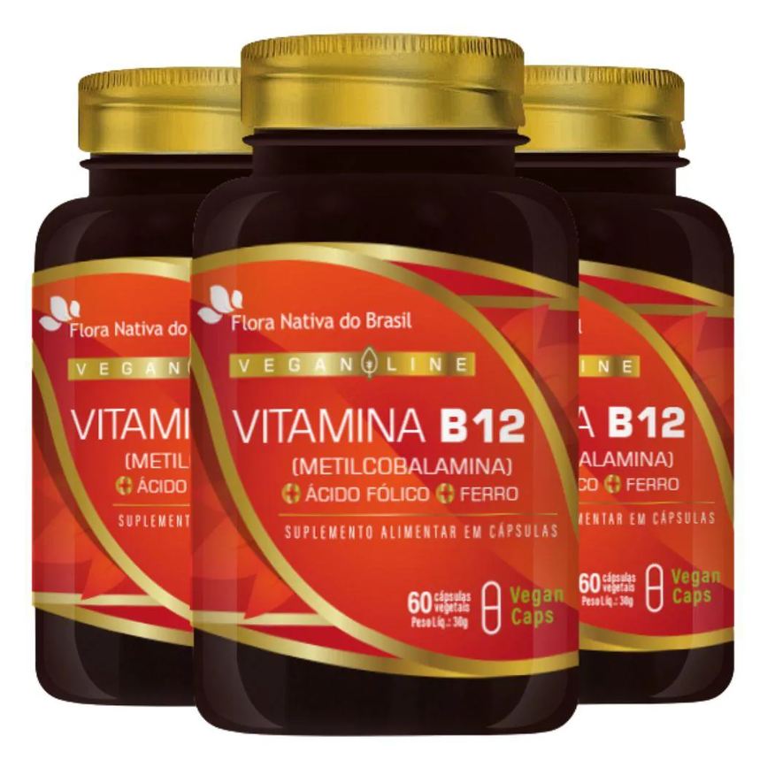 Flora Nativa Do Brasil Kit 3x Vitamina B12 + Ferro + Ácido Fólico 60 Vegan cápsulas - Flora Nativa