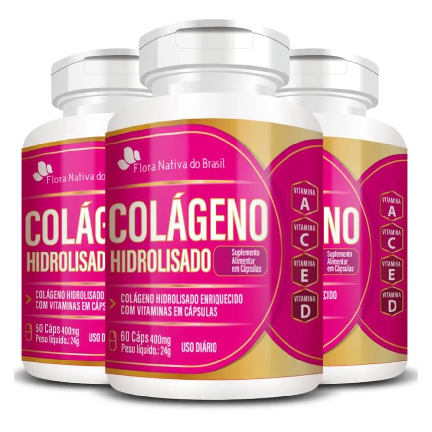 Flora Nativa Do Brasil Kit 3x Colágeno Hidrolisado com Vitaminas 60 cápsulas - Flora Nativa