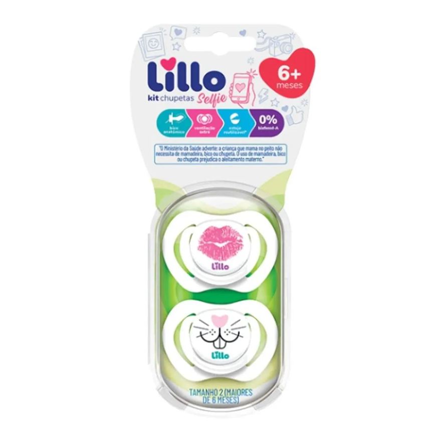 Lillo Kit 2 Chupetas Bico de Silicone Design Selfie 6M+ Rosa