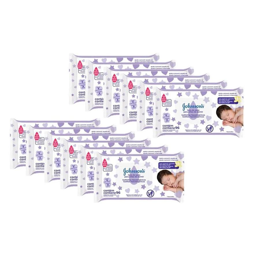 Johnson's Baby Kit Lenço Umedecido Hora do Sono Hipoalergênico Sem Álcool 96 unidades 12 pacotes