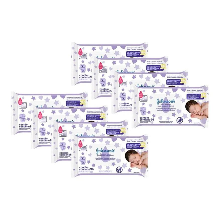 Johnson's Baby Kit Lenço Umedecido Hora do Sono Hipoalergênico Sem Álcool 96 unidades 8 pacotes