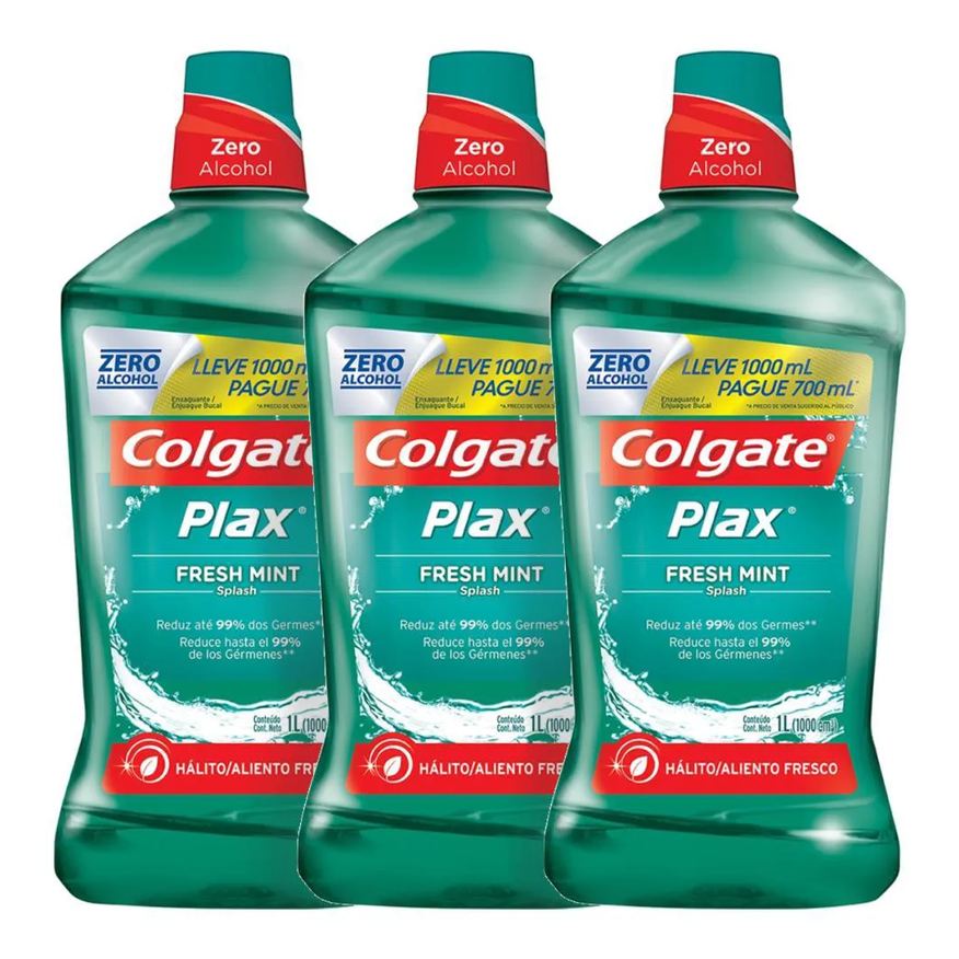 Colgate Kit 3 Enxaguante Bucal Plax Fresh Mint Leve 1L Pague 700ml