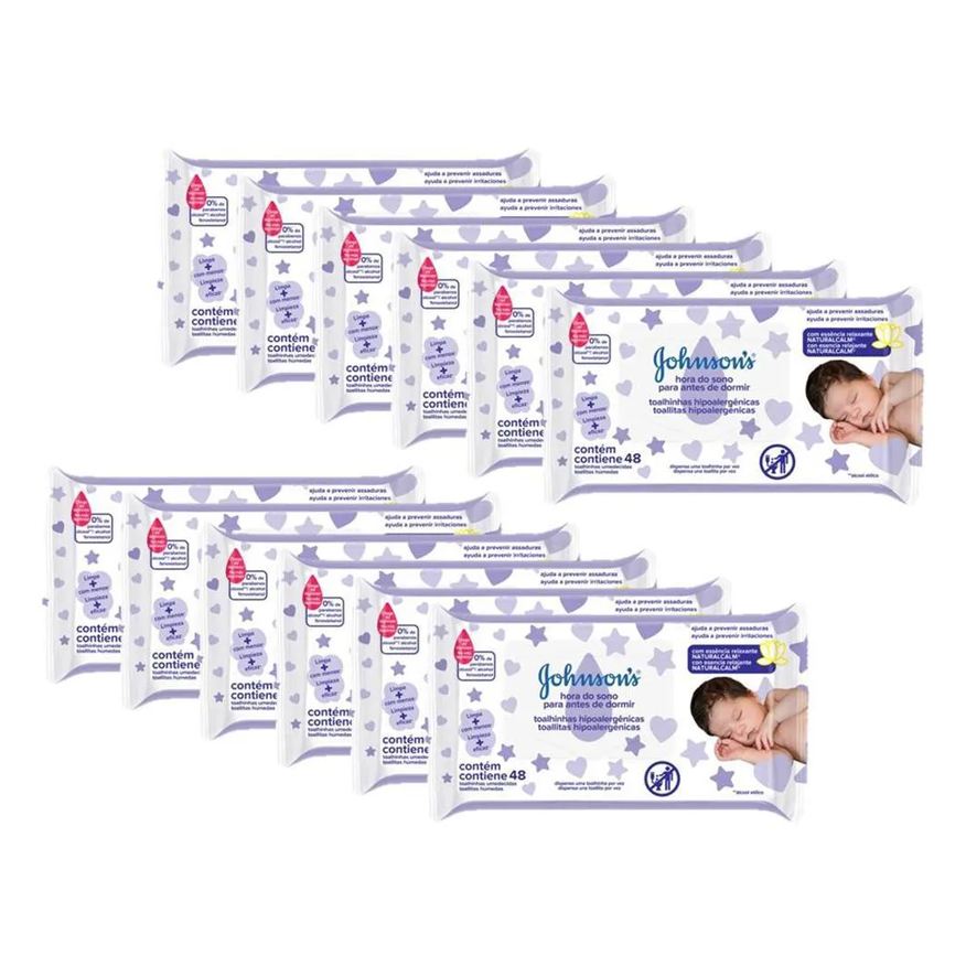 Johnson's Baby Kit Lenço Umedecido Hora do Sono Hipoalergênico Sem Álcool 48 unidades 12 pacotes