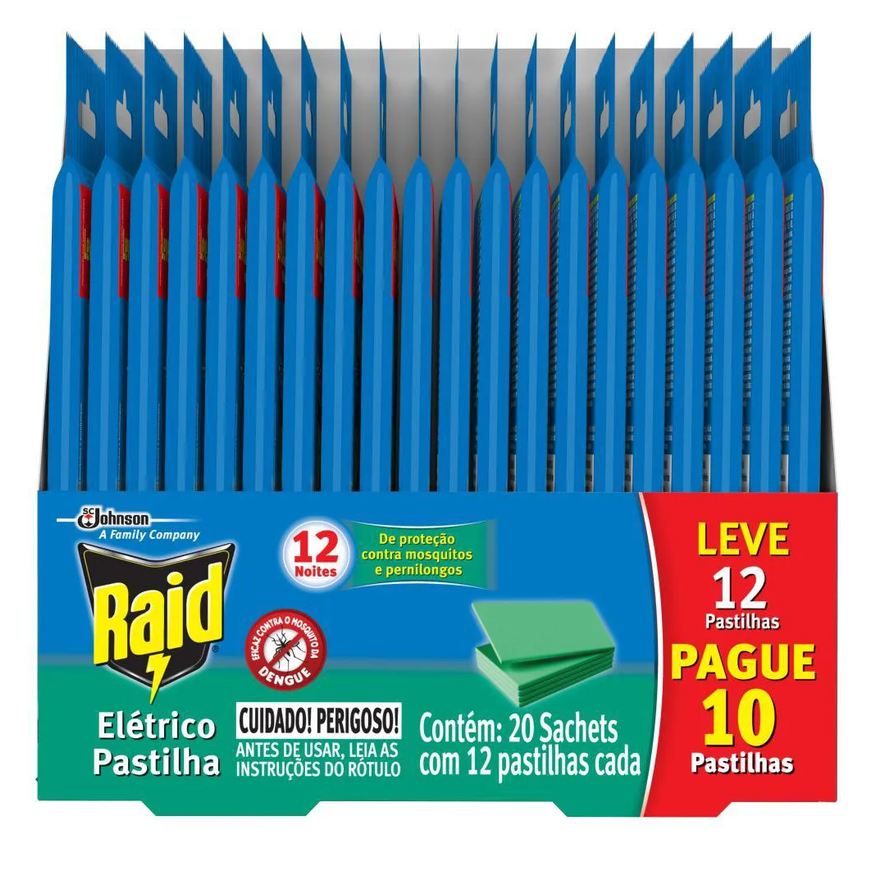 Elétrico Repelente Raid Pastilha 12 Noites Óleo de Eucalipto Leve 12 Pague 10 unidades Refil