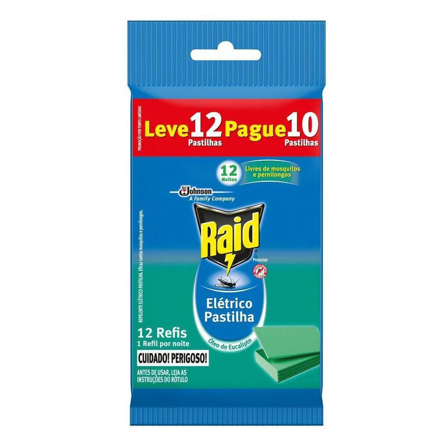 Elétrico Repelente Raid Pastilha 12 Noites Óleo de Eucalipto Leve 12 Pague 10 unidades Refil