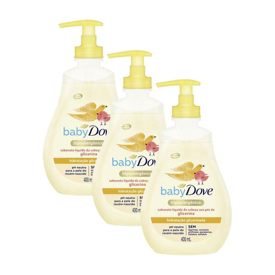 Dove Kit com 3 Sabonetes Líquidos Baby Hidratação Glicerinada da Cabeça Aos Pés 400ml