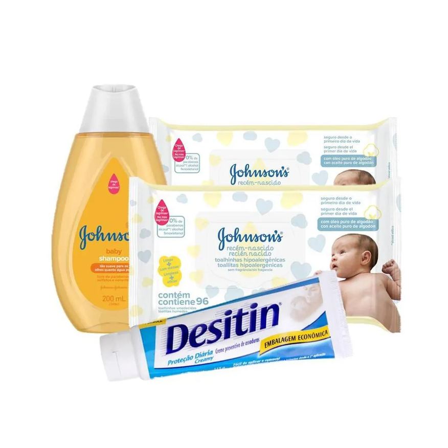 Johnson's Baby Kit Lenço Umedecido RN 192 unidades 2 Pacotes + Shampoo Johnson's Baby 200ml + Creme para Assaduras Desitin 113g