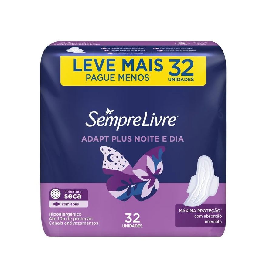 Sempre Livre Absorvente Externo Adapt Plus Noite e Dia Seca com Abas 32 unidades