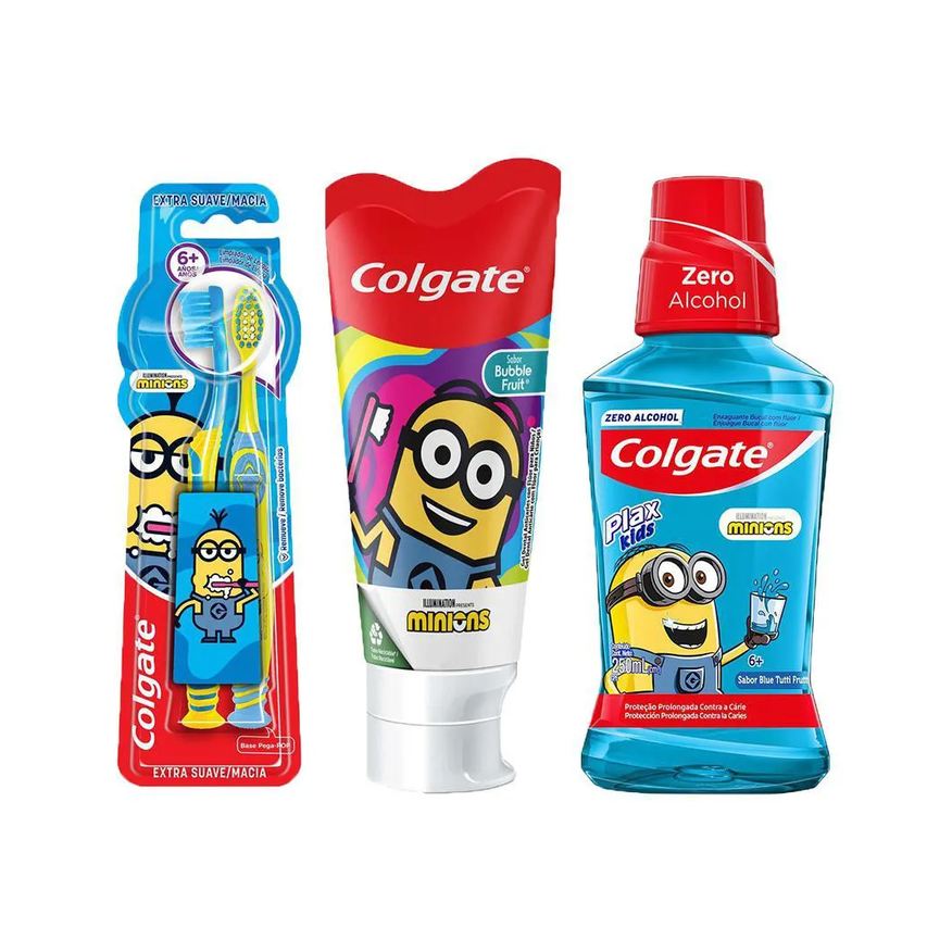 Colgate Kit Infantil Minions Gel Dental Smiles Bubble Fruit 100g + Enxaguante Bucal Tutti Frutti 250ml + Escova de Dente 2 unidades