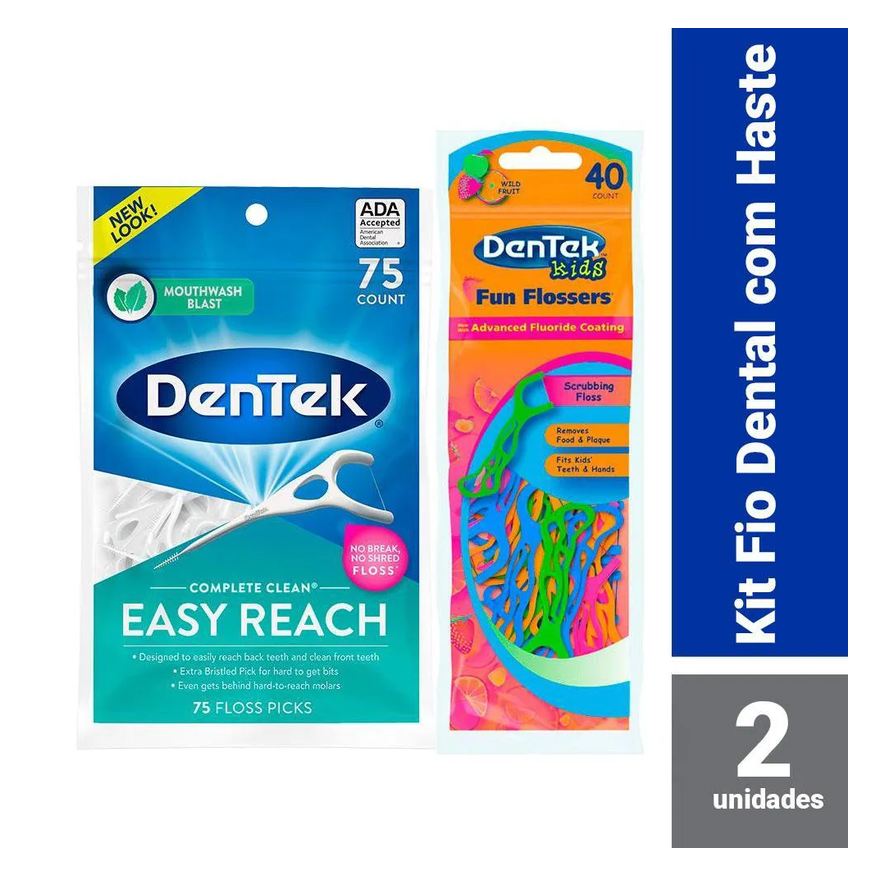 DenTek Kit Fio Dental Floss Picks Clean Easy Reach c/ 75 Unidades + Fio Dental Kids Fun Flossers c/ 40 Unidades
