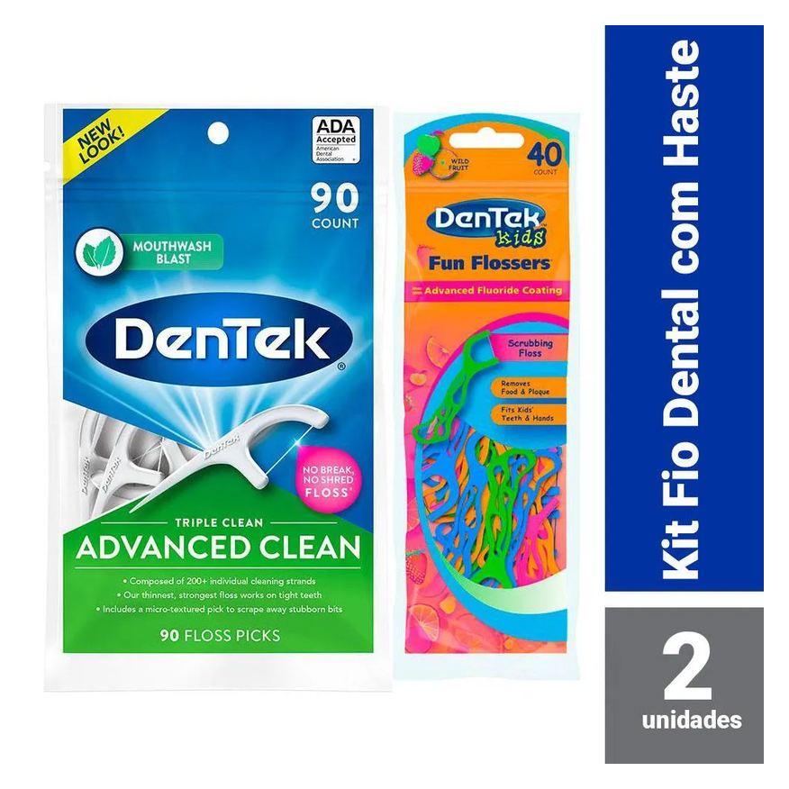 DenTek Kit Fio Dental Floss Picks Triple Clean Adv c/ 90 Unidades + Fio Dental Kids Fun Flossers c/ 40 Unidades